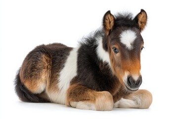 Fototapeta premium Adorable brown and white pony foal lying down.