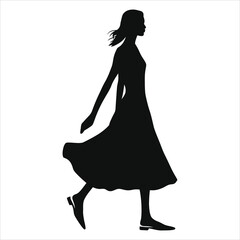 (Slingbacks footwear)Stylish Woman Walking in a Flowing Dress Silhouette/A striking silhouette of a woman walking, wearing a flowing dress.