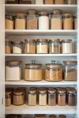 Home pantry with organized glass containers storing bulk purchased grains, beans and nuts on wooden shelves

