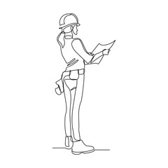 Continuous line drawing of construction worker holding blue print paper and note. One single line of architect holding design paper of building. Vector illustration sketch editable stroke