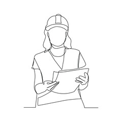 Continuous line drawing of construction worker holding blue print paper and note. One single line of architect holding design paper of building. Vector illustration sketch editable stroke