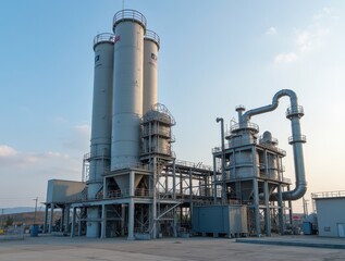 Carbon capture plant with rotating packed bed technology and solvent processing towers in industrial complex

