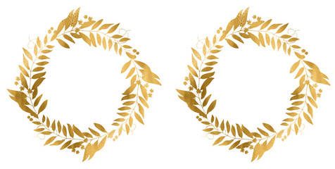 Elegant round golden floral frame on transparent background, Luxury gold circle leaf and flowers ornament, for wedding or engagement invitations, thank you cards, logos, greeting