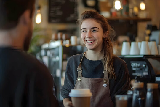 Happy barista serving customer in a coffee shop.