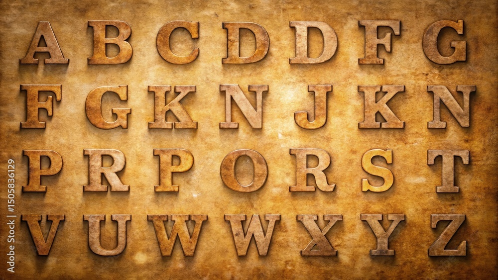 Aufkleber golden alphabet letters arranged in rows on an aged parchment background