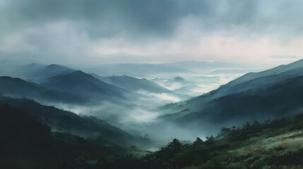 Obraz premium Misty Mountain Vista: An ethereal panorama unfolds, showcasing a series of majestic mountains enveloped in a veil of mystical fog, under a sky veiled in atmospheric mist.