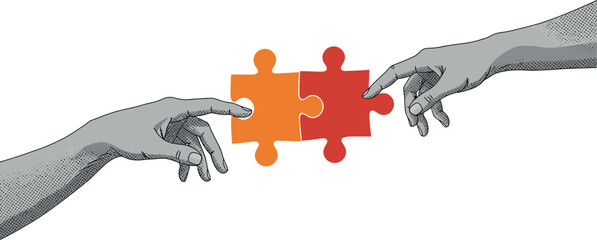 Two hands connecting puzzle pieces in creative collaboration