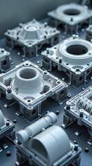 Fototapeta premium Multiple industrial 3D printers producing aerospace brackets, ducts and structural components simultaneously