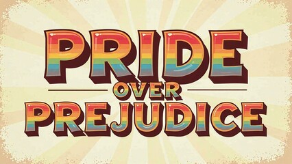 Obraz premium LGBTQ pride month banner with rainbow colorful text 'Pride Over Prejudice' on sunburst background for marketing campaign, social media post, or website hero image with copy space for text