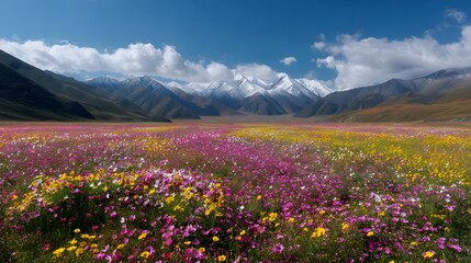 Fototapeta premium Blossom Vista: A sprawling field of vibrant flowers unfurls beneath a serene blue sky, offering a stunning panorama of colorful blossoms and majestic mountains.