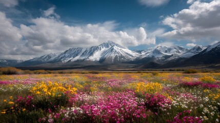 Fototapeta premium Blossom Vista: A vibrant tapestry of wildflowers blankets the foreground, contrasting with the majestic, snow-capped peaks under a vast, cloud-strewn sky.