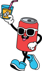 Cute Cola Can Retro Mascot Walking and Holding Drink Glass Illustration, Summer Groovy Cartoon Character Vector