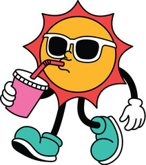 Cute Sun Retro Mascot Wearing Sunglasses and Drink Illustration, Summer Groovy Cartoon Character Vector
