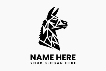 Minimalist black and white llama head vector logo with decorative fur patterns isolated on plain background