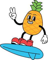 Cute Pineapple Retro Mascot Surfing and Making Two finger Illustration, Summer Groovy Cartoon Character Vector