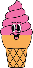 Cute Pink Ice Cream on Cone Retro Mascot Illustration, Summer Groovy Cartoon Character Vector
