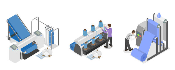 3D Isometric Flat  Illustration of Textile Manufacturing, Machinery and Equipment