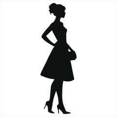 (Slingbacks footwear)Elegant Vector Silhouette of a Woman in a Dress/A sophisticated silhouette of a woman in profile view, elegantly dressed in a midi dress and high heels.