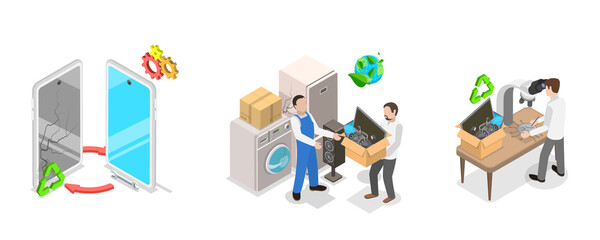 3D Isometric Flat  Illustration of Green Disposal, E-waste Recycling