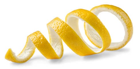 A single, fresh lemon peel spiral on white or transparent background
