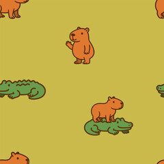 Seamless pattern of capybaras and crocodiles relaxing in a desert scene. Bright yellow background adds warmth to this quirky animal duo.