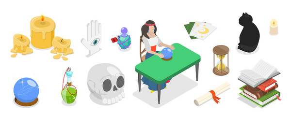 3D Isometric Flat  Set of Fortune Teller, Crystal Ball And Candles