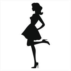 (Slingbacks footwear)Vector Silhouette of a Woman in a Dress and Heels/A stylish silhouette of a woman in a short, A-line dress and high heels.