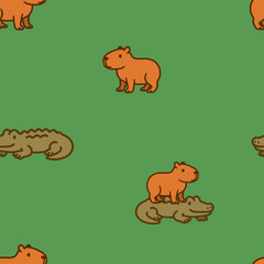 Seamless pattern with capybaras and crocodiles on a green meadow. Jungle vibe and cute animal pairing in a playful, child-friendly design.