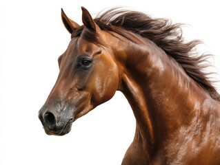 Obraz premium Chestnut horse portrait against a white background. The horse's mane is flowing in the wind.