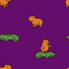 Whimsical seamless pattern of capybaras and crocodiles under night sky. Purple background adds mystery to this unusual animal duo.