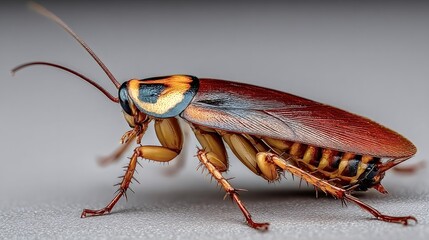 Close-up of an australian cockroach, displaying its distinctive markings and anatomy, walking on a white surface, highlighting the insect's features and its presence in a domestic environment