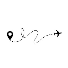 Vector art of Airplane route with location pin isolated on white background showing travel path, flight journey, and destination with dotted line for navigation.