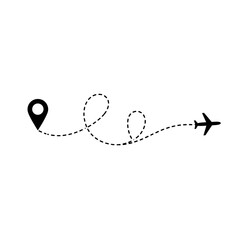 Vector art of Airplane route with dotted line from location pin isolated on white background, representing travel, destination, and navigation for tourism and transport