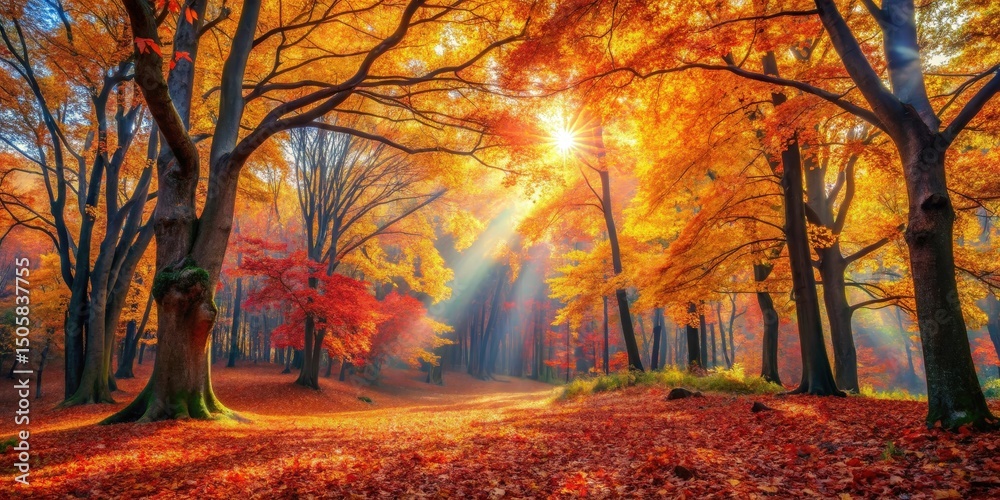 Poster sunbeams illuminate a vibrant autumn forest, casting a warm glow on the colorful foliage and fallen 