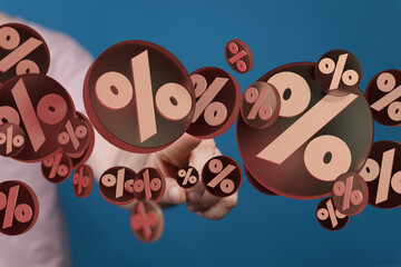 3D rendered image of hand interacting with percentage symbols. Ideal for finance, sales, discount,...