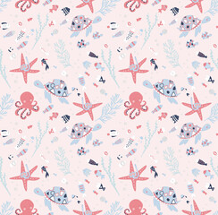 Fototapeta premium Cute Sea Animals Seamless Pattern with Turtles, Octopuses, and Starfish – Pastel Ocean Life Background for Kids