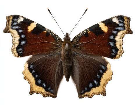 Detailed close-up of a mourning cloak butterfly against a white background.  Its rich brown and orange hues are striking.