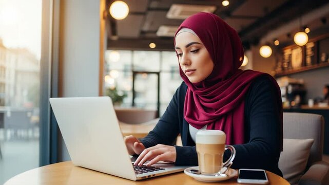woman ib Hijab wearing freelancer types beside latte, freelancer concentration blocks city noise while organized freelancer workflow meets deadline. Concept digital nomadism.