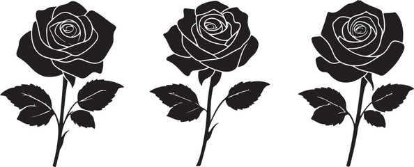 A black silhouette Rose flower set, Vector flat design roses silhouette white background