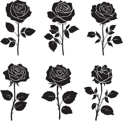 A black silhouette Rose flower set, Vector flat design roses silhouette white background
