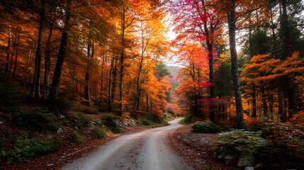 Fototapeta premium Winding Road in Autumn's Embrace: A picturesque road weaves through a vibrant forest, where leaves of red and gold adorn the trees. The scene evokes the warm hues and crisp air of autumn.
