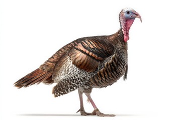 A wild turkey stands against a white background, showcasing its intricate plumage.