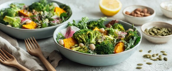 The colorful salad bowl filled with fresh vegetables and healthy toppings.