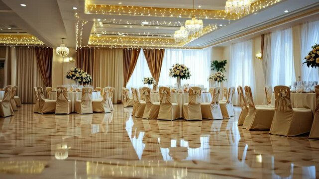 Elegant banquet hall setup with golden decor and grand chandelier lighting