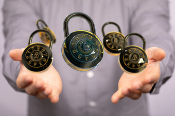Image of combination locks floating, symbolizing data security and protection.