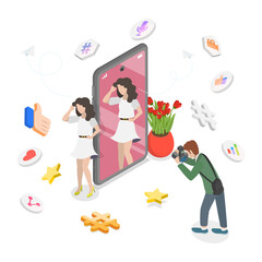 3D Isometric Flat  Illustration of Young Cheerful Girl Taking Picture of Herself, Social Media Connections