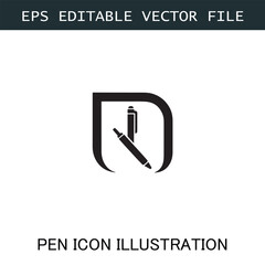 Pen Icon Logo Vector Image in Black and White for Stationery Branding and Graphic Design

