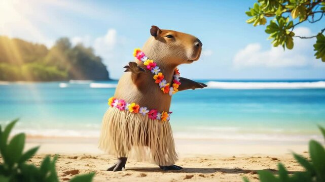 Capybara dancing in hula skirt and lei on a tropical Hawaii beach.