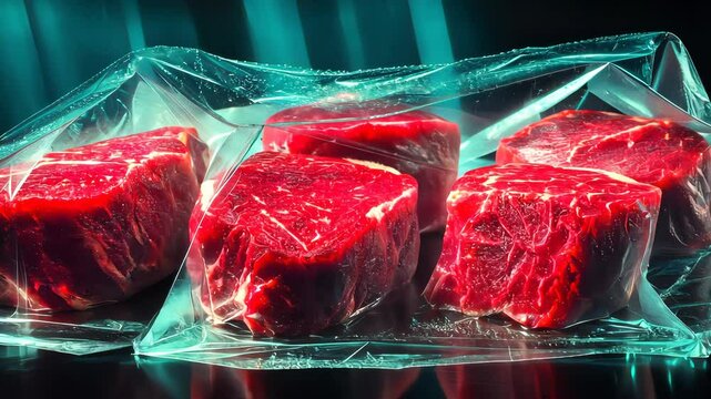 Assortment of raw beef cuts inside transparent plastic vacuum packaging with dramatic lighting