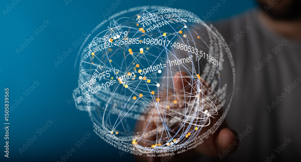 Poster abstract image of a person interacting with a digital globe representing internet data.